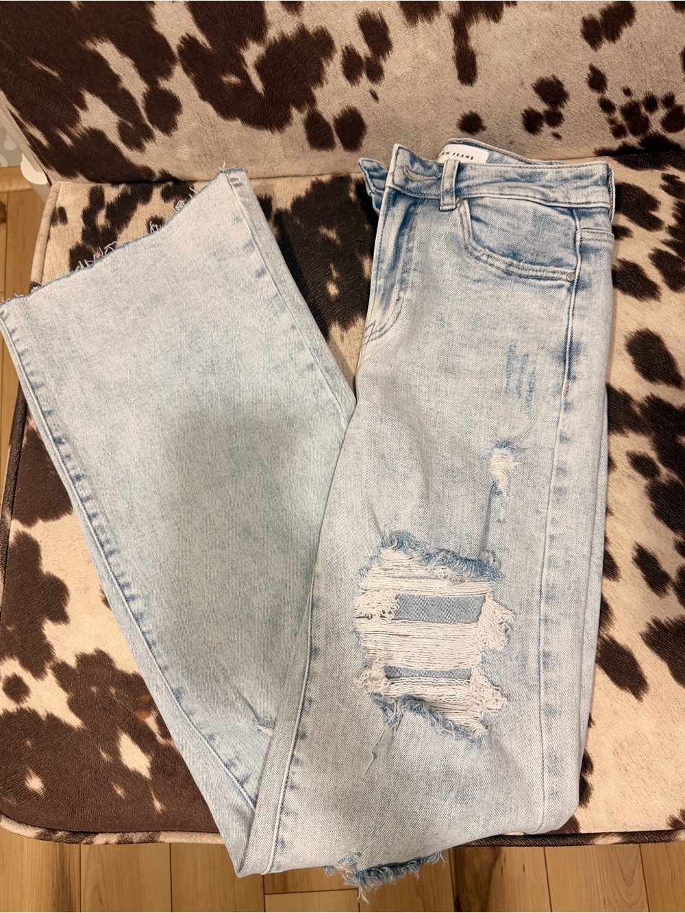 Women’s Risen High Rise Wide Leg Jeans Light Wash Raw Hem Size 0/24 - Picture 3 of 3